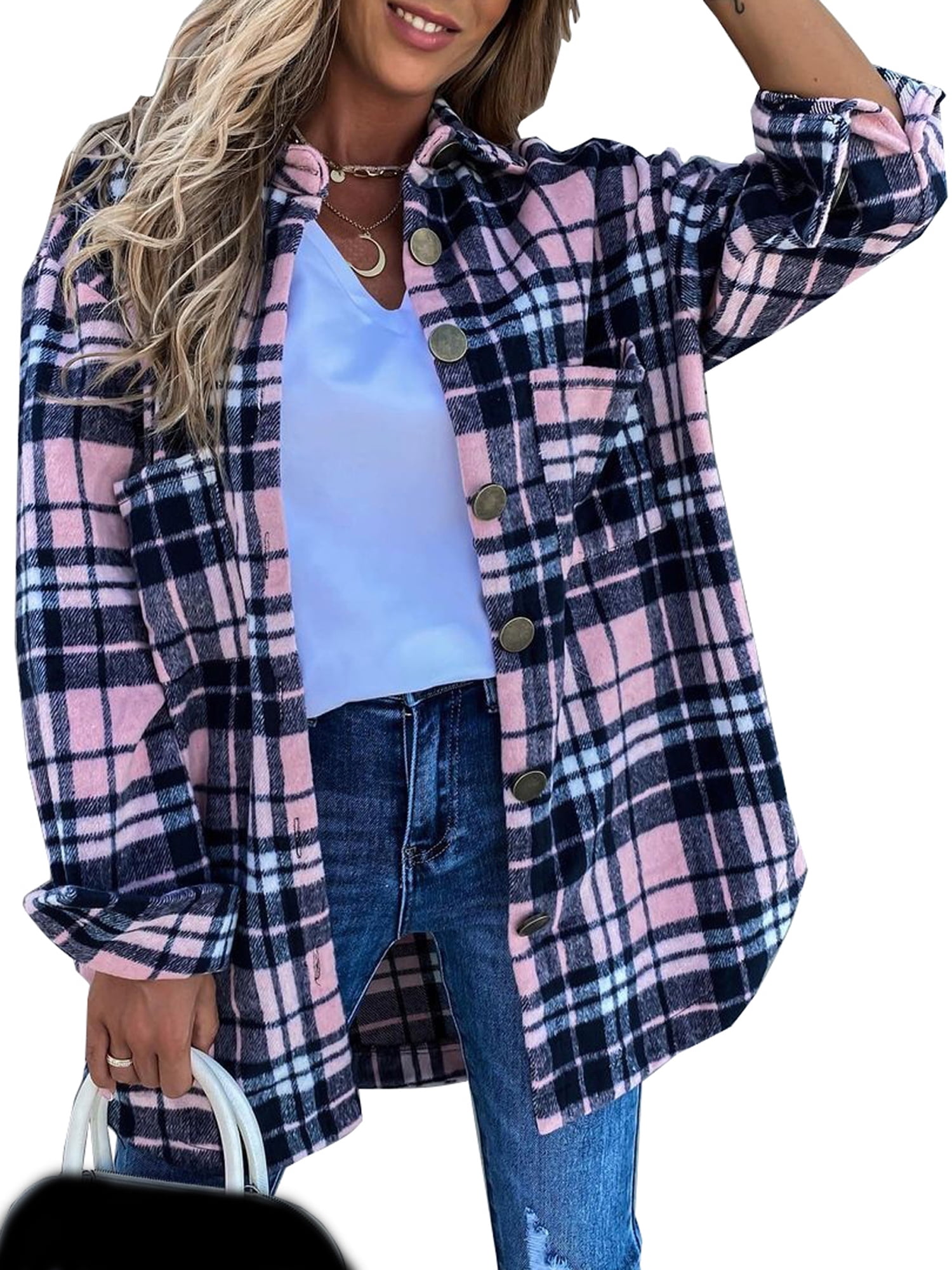 Womens Plaid Jacket Long Sleeve Lapel Button Down Shirts Wool Blend