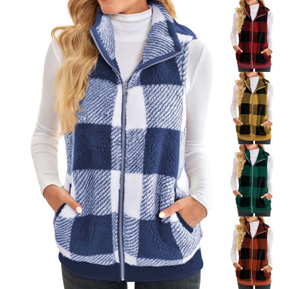 Womens Plaid Jackets Cardigan Vest Sale Plus Size Thickened Double-Sided Plush Patchwork Cardigans Open Front Sleeveless Stand Collar Tops Coats Orange qILAKOG Size L