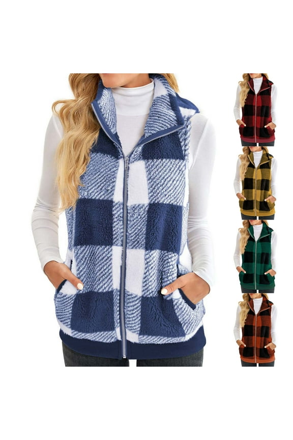 Womens Plaid Jackets Cardigan Vest Sale Plus Size Thickened Double-Sided Plush Patchwork Cardigans Open Front Sleeveless Stand Collar Tops Coats Orange qILAKOG Size L