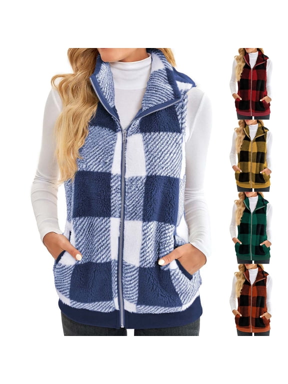 Womens Plaid Jackets Cardigan Vest Sale Plus Size Thickened Double-Sided Plush Patchwork Cardigans Open Front Sleeveless Stand Collar Tops Coats Wine qILAKOG Size XL