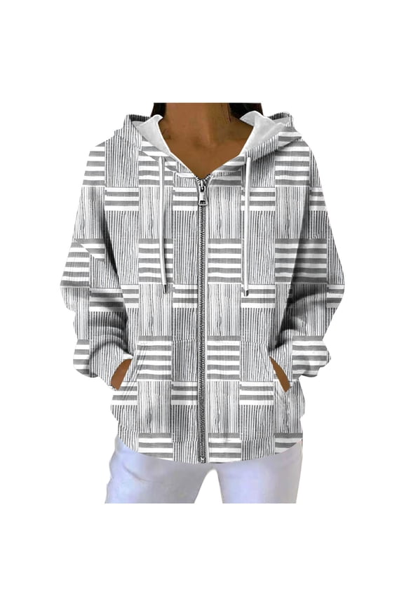 Womens Plaid Jackets Hooded Full Zip Drawstring Cardigan Loose Stylish Casual Ribbed Hoodie Outwear With Pockets (S, Gray)