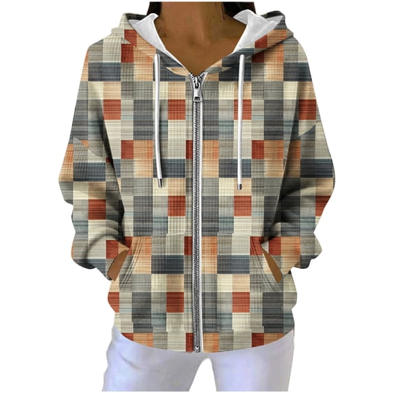 Womens Plaid Jackets Hooded Full Zip Drawstring Cardigan Loose Stylish Casual Ribbed Hoodie Outwear With Pockets (XL, Khaki)