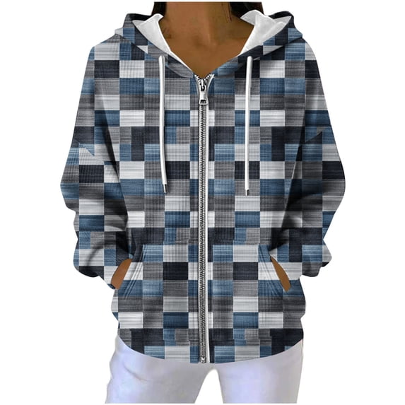 Womens Plaid Jackets Hooded Full Zip Drawstring Cardigan Loose Stylish Casual Ribbed Hoodie Outwear With Pockets (XL, Navy)
