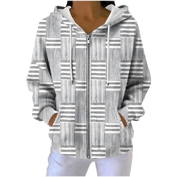 Womens Plaid Jackets Hooded Full Zip Drawstring Cardigan Loose Stylish Casual Ribbed Hoodie Outwear With Pockets (XXL, Gray)