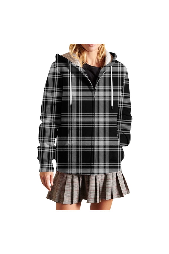Womens Plaid Jackets Hooded Full Zip Drawstring Outwear Casual Loose Thermal Fall Winter Cardigan With Pockets (L, Black)