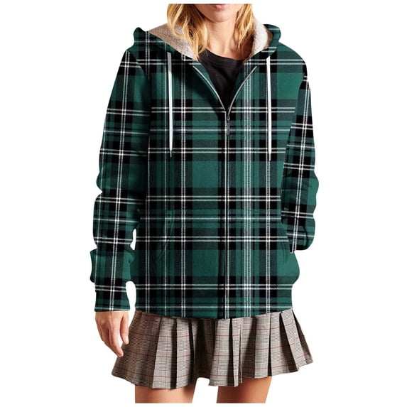 Womens Plaid Jackets Hooded Full Zip Drawstring Outwear Casual Loose Thermal Fall Winter Cardigan With Pockets (L, Green-A)