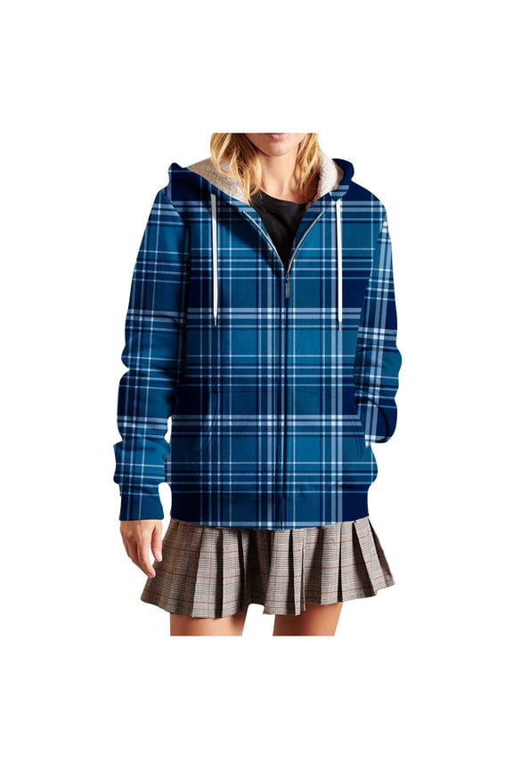 Womens Plaid Jackets Hooded Full Zip Drawstring Outwear Casual Loose Thermal Fall Winter Cardigan With Pockets (M, Blue-A)