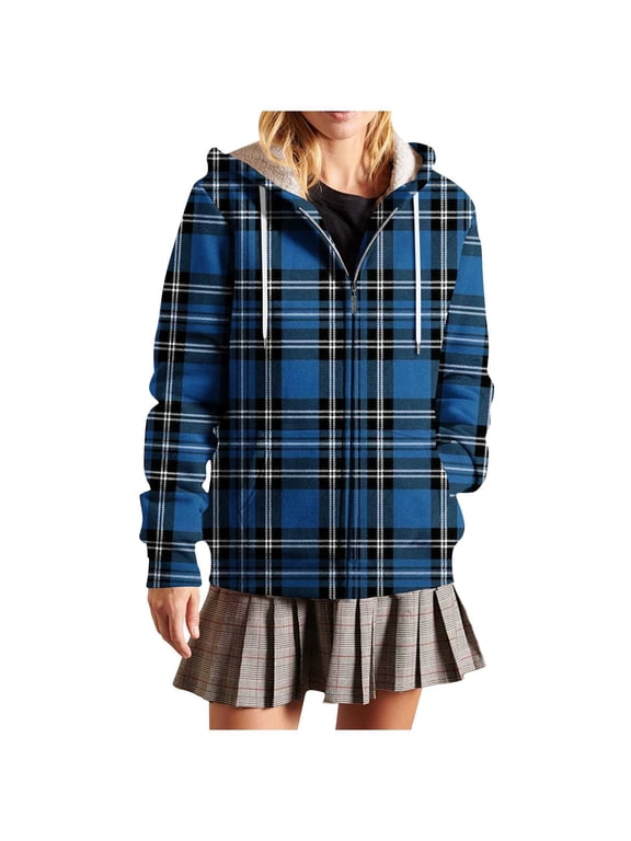 Womens Plaid Jackets Hooded Full Zip Drawstring Outwear Casual Loose Thermal Fall Winter Cardigan With Pockets (M, Blue)