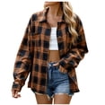 thumbnail image 1 of Womens Plaid Jackets Plus Size Long Sleeve Button Down Plaid Flannel Shirt Coats Loose Lapel Collar Outerwear (L, Coffee), 1 of 7