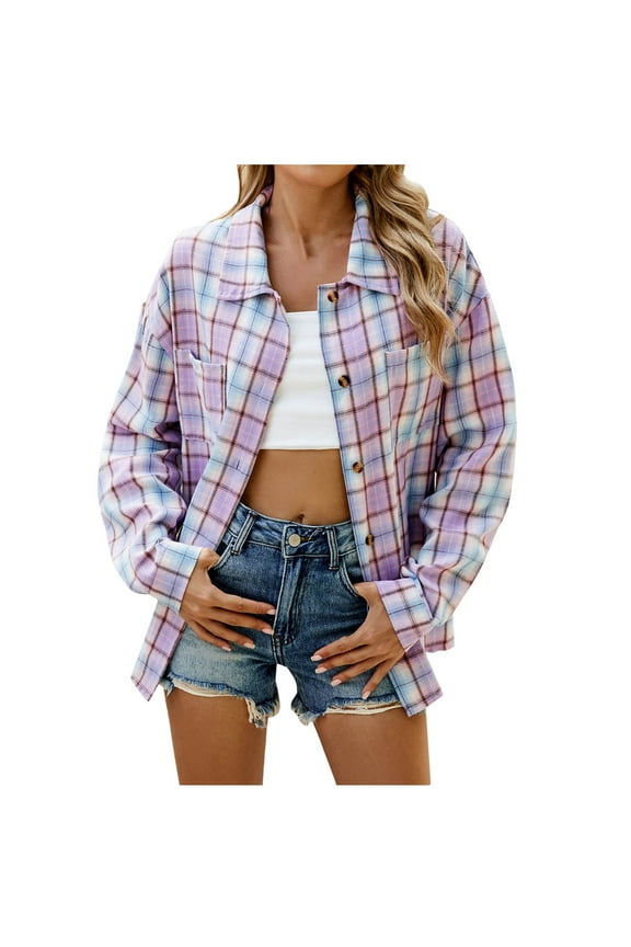 Womens Plaid Jackets Plus Size Long Sleeve Button Down Plaid Flannel Shirt Coats Loose Lapel Collar Outerwear (Purple L)