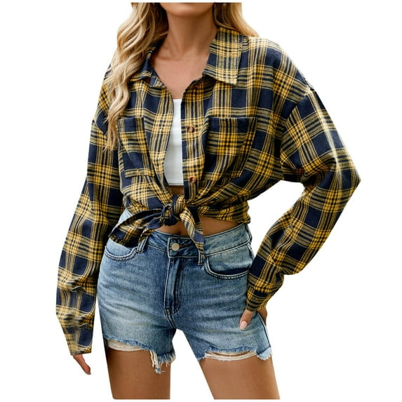 Womens Plaid Jackets Plus Size Long Sleeve Button Down Plaid Flannel Shirt Coats Loose Lapel Collar Outerwear (S, Yellow)