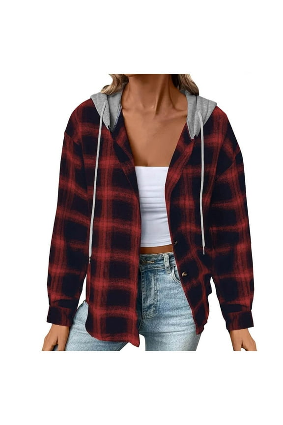 Womens Plaid Jackets with Hood Fashion Button Up Flannel Drawstring Hooded Cardigan Coat Loose Casual Shacket (2XL, Red)