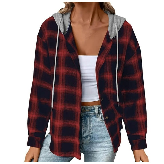 Womens Plaid Jackets with Hood Fashion Button Up Flannel Drawstring Hooded Cardigan Coat Loose Casual Shacket (XL, Red)