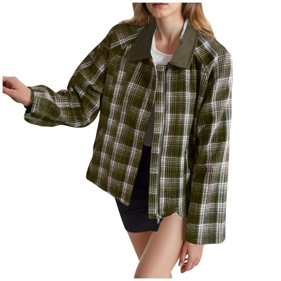Womens Plaid Lapel Cropped Jackets Barn Lightweight Flannel Zip Up Utility Coat Casual Short Jacket with Pockets