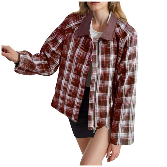 Womens Plaid Lapel Cropped Jackets Barn Lightweight Flannel Zip Up Utility Coat Casual Short Jacket with Pockets