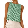 thumbnail image 1 of Womens Plaid Linen Crop Tops Tank Summer Casual Sleeveless Boat Neck Tops Loose Vest Trendy Outfits Green, S, 1 of 7
