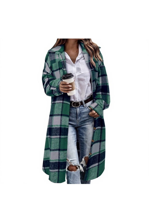 Womens Plaid Long Jacket Flannel Shirt Plus Size Oversized Casual Lapel Button Flannel Shacket Trench Coats with Pockets Green M