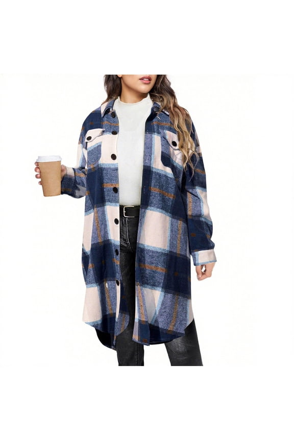 Womens Plaid Long Shacket Jacket Fashion Fall Winter Casual Lapel Button Down Flannel Trench Coats Overcoat