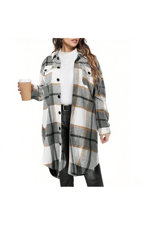 Womens Plaid Long Shacket Jacket Fashion Fall Winter Casual Lapel Button Down Flannel Trench Coats Overcoat