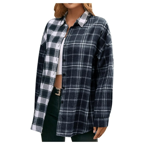 Womens Plaid Long Sleeve Color Block Casual Fall and Winter Button Dwon Bloouse Jacket Coat