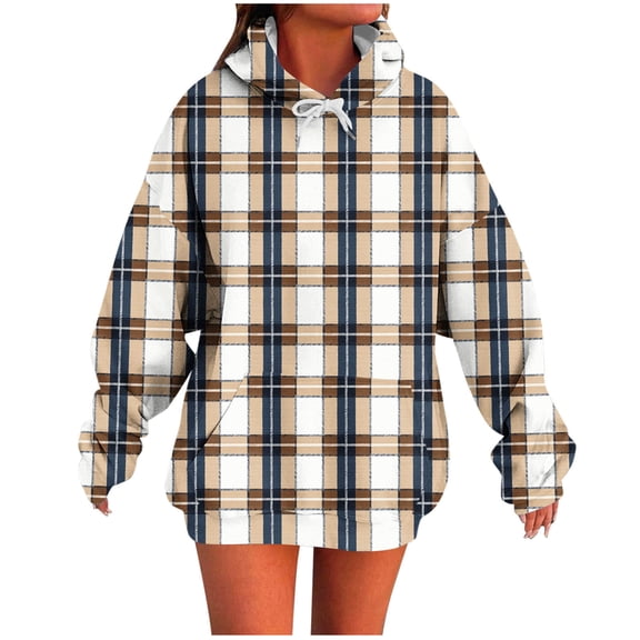 Womens Plaid Long Sleeve Hoodies Loose Drawstring Hooded Sweatshirts Causal Knit Fashion Tops With Kangaroo Pocket (S, Beige)