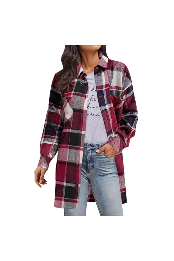 Womens Plaid Long Sleeve Jacket, Button Up Fall Fashion Flannel Shirt, Winter Clothing Woolen Coats
