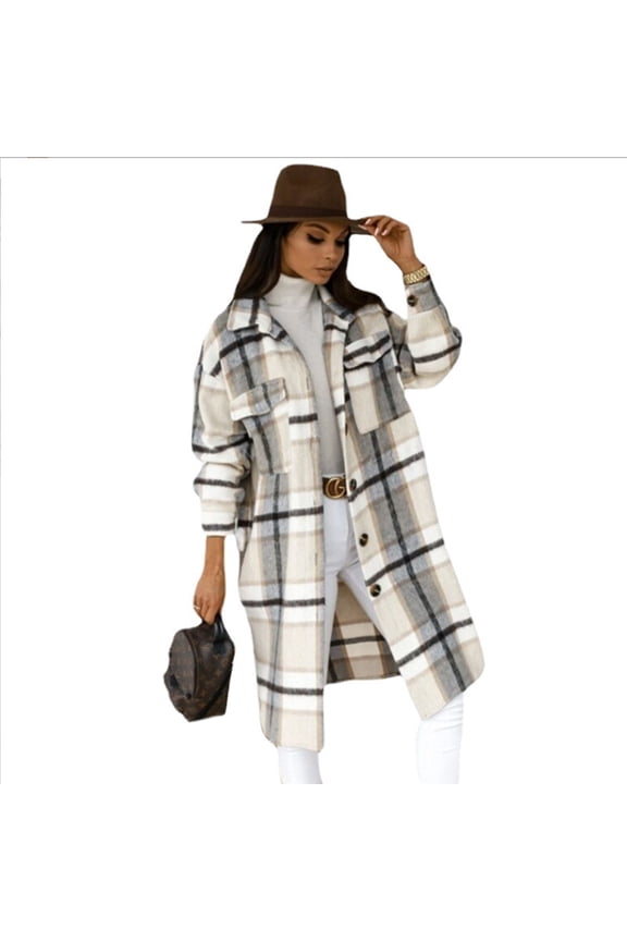 Womens Plaid Long Wool Blend Coat Shacket Jackets Long Sleeve Button Down Casual Boyfriend Flannel Shirts-