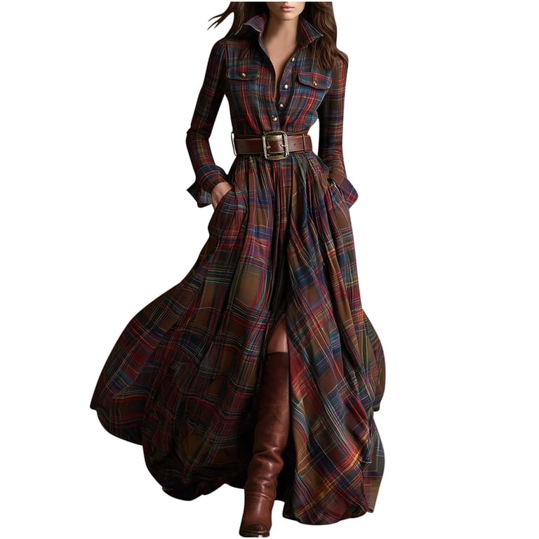 flowy cowgirl dress Women's Long Sleeve Button-Front Plaid Maxi – V-Neck Shirt Dress With Asymmetric flared sleeve mini dress