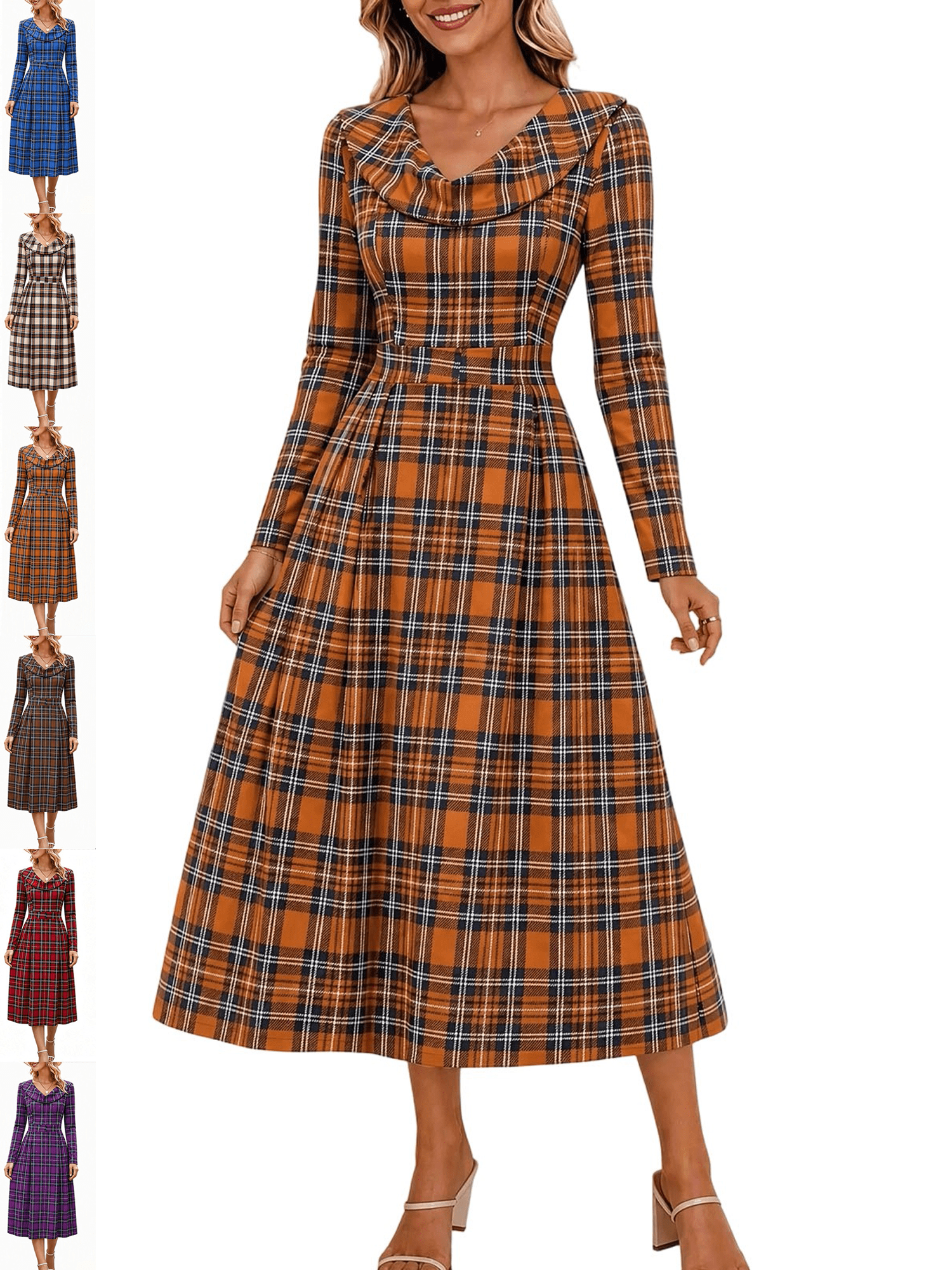 Scrub Garb Womens Plaid Midi Dress Fit and Flare Long Sleeve Tartan Dress High ...