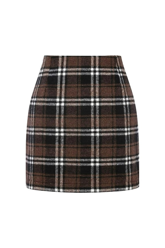 Womens Plaid Mini Skirt Fall Winter High Waisted Bodycon Pencil Skirt XXL Coffee