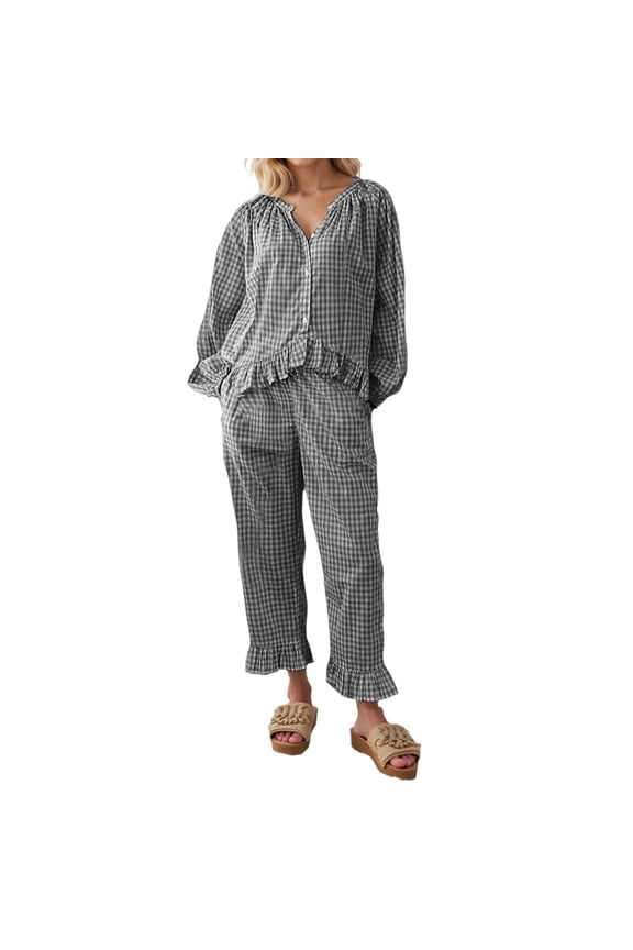 Womens Plaid Pajamas Sets 2 Piece Cotton Pj Set Puff Sleeve Ruffle Shirt Gingham Pants Lounge Sets Black M