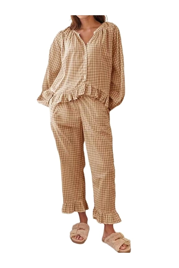 Womens Plaid Pajamas Sets 2 Piece Cotton Pj Set Puff Sleeve Ruffle Babydoll Shirt Gingham Pants Lounge Sets Khaki XXL
