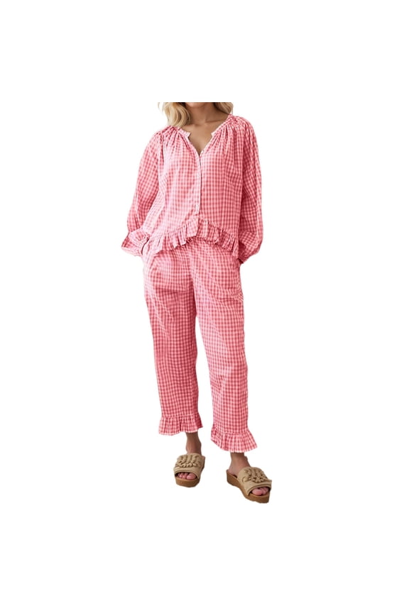 Womens Plaid Pajamas Sets 2 Piece Cotton Pj Set Puff Sleeve Ruffle Shirt Gingham Pants Lounge Sets Red XXL