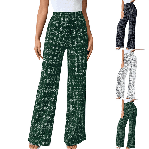Womens Plaid Pants High Waisted Elastic Waist Wide Leg Lounge Trousers Casual Comfort Work Office Soft Stretch Plus Size
