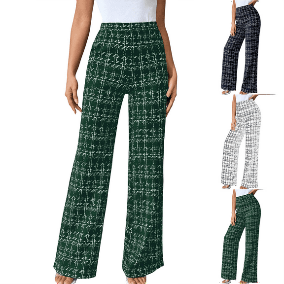 Womens Plaid Pants High Waisted Elastic Waist Wide Leg Lounge Trousers Casual Comfort Work Office Soft Stretch Plus Size