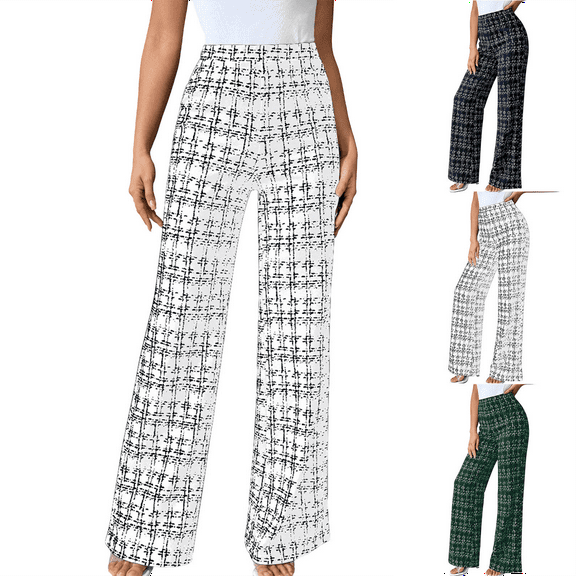 Womens Plaid Pants High Waisted Elastic Waist Wide Leg Lounge Trousers Casual Comfort Work Office Soft Stretch Plus Size