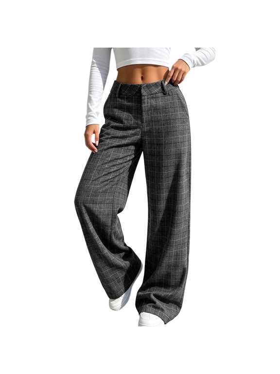 Womens Plaid Pants Wide Leg Business Casual Office Trousers Button Down Zipper Fashion Loose Pant with Pockets (L, Gray)