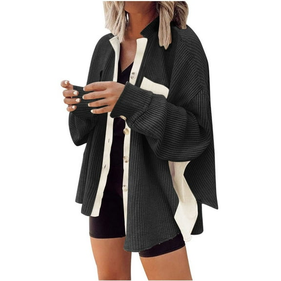 Womens Plaid Patchwork Knitted Coat Lapel Button Outerwear with Pockets Loose Long Sleeve Casual Sweatshirt