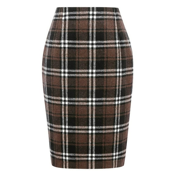 Womens Plaid Pencil SkirtHigh Waist Stretchy Knee Length Midi Skirt Fall Winter Outfits Trendy Clothes Coffee XL