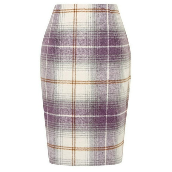 Womens Plaid Pencil SkirtHigh Waist Stretchy Knee Length Midi Skirt Fall Winter Outfits Trendy Clothes Purple S
