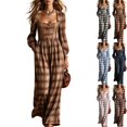 thumbnail image 1 of Womens Plaid Pleated Wide Leg Jumpsuit Long Sleeve Square Neck Fall Overalls Casual High Waisted Flowy Boho Chic One Piece Romper with Side Pockets, Brown, XXL, 1 of 6