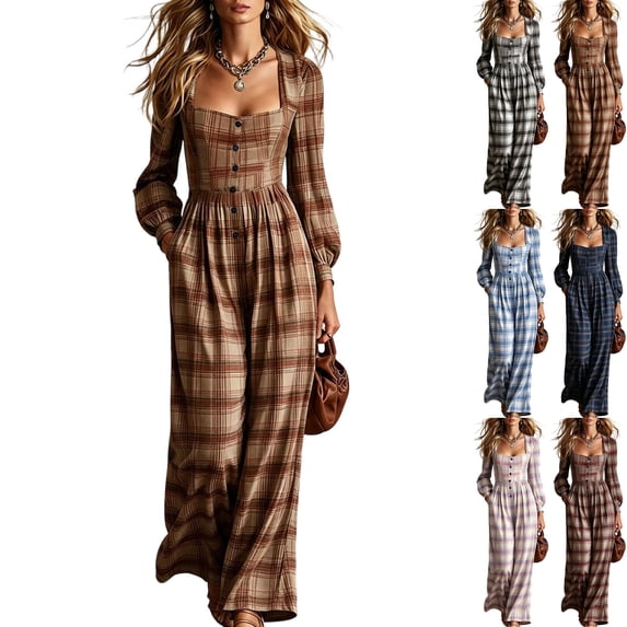 Womens Plaid Pleated Wide Leg Jumpsuit Long Sleeve Square Neck Fall Overalls Casual High Waisted Flowy Boho Chic One Piece Romper with Side Pockets, Brown, XXL