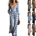 thumbnail image 1 of Womens Plaid Pleated Wide Leg Jumpsuit Long Sleeve Square Neck Fall Overalls Casual High Waisted Flowy Boho Chic One Piece Romper with Side Pockets, Light Blue, L, 1 of 6