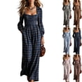 thumbnail image 1 of Womens Plaid Pleated Wide Leg Jumpsuit Long Sleeve Square Neck Fall Overalls Casual High Waisted Flowy Boho Chic One Piece Romper with Side Pockets, Navy, L, 1 of 6