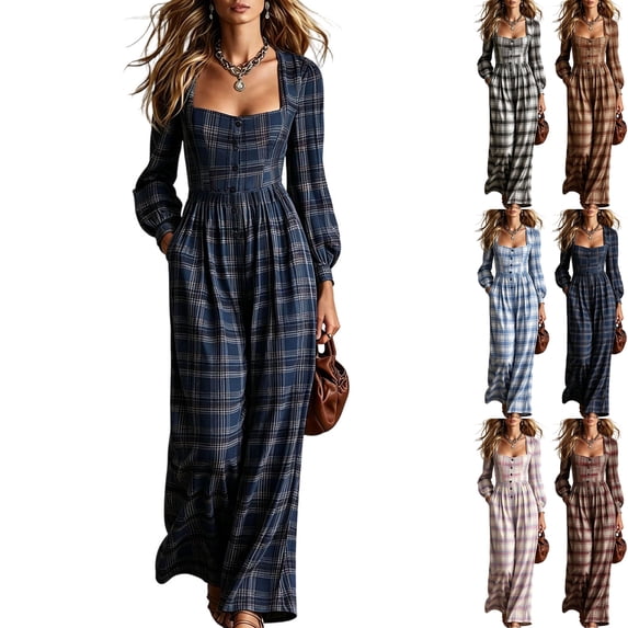 Womens Plaid Pleated Wide Leg Jumpsuit Long Sleeve Square Neck Fall Overalls Casual High Waisted Flowy Boho Chic One Piece Romper with Side Pockets, Navy, L