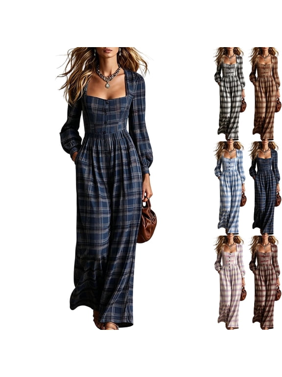 Womens Plaid Pleated Wide Leg Jumpsuit Long Sleeve Square Neck Fall Overalls Casual High Waisted Flowy Boho Chic One Piece Romper with Side Pockets, Navy, M