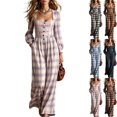 thumbnail image 1 of Womens Plaid Pleated Wide Leg Jumpsuit Long Sleeve Square Neck Fall Overalls Casual High Waisted Flowy Boho Chic One Piece Romper with Side Pockets, Purple, XXL, 1 of 6