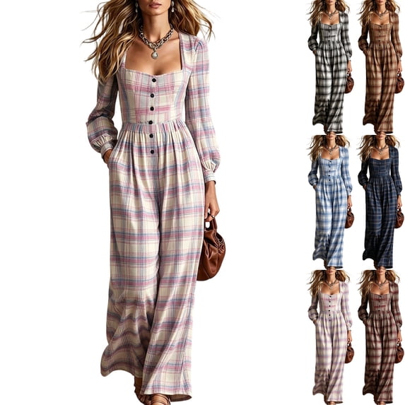Womens Plaid Pleated Wide Leg Jumpsuit Long Sleeve Square Neck Fall Overalls Casual High Waisted Flowy Boho Chic One Piece Romper with Side Pockets, Purple, XXL