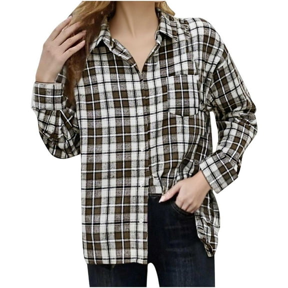 Womens Plaid Printed T-Shirts, Long Sleeve Shirts for Women Business Casual Loose Fit Lapel Button Down Dressy Blouses Fall Clothes