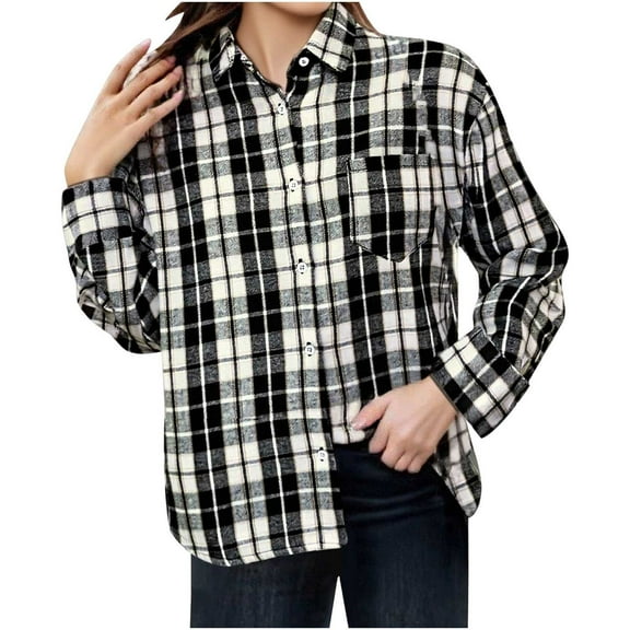 Womens Plaid Printed T-Shirts, Long Sleeve Shirts for Women Business Casual Loose Fit Lapel Button Down Dressy Blouses Fall Clothes